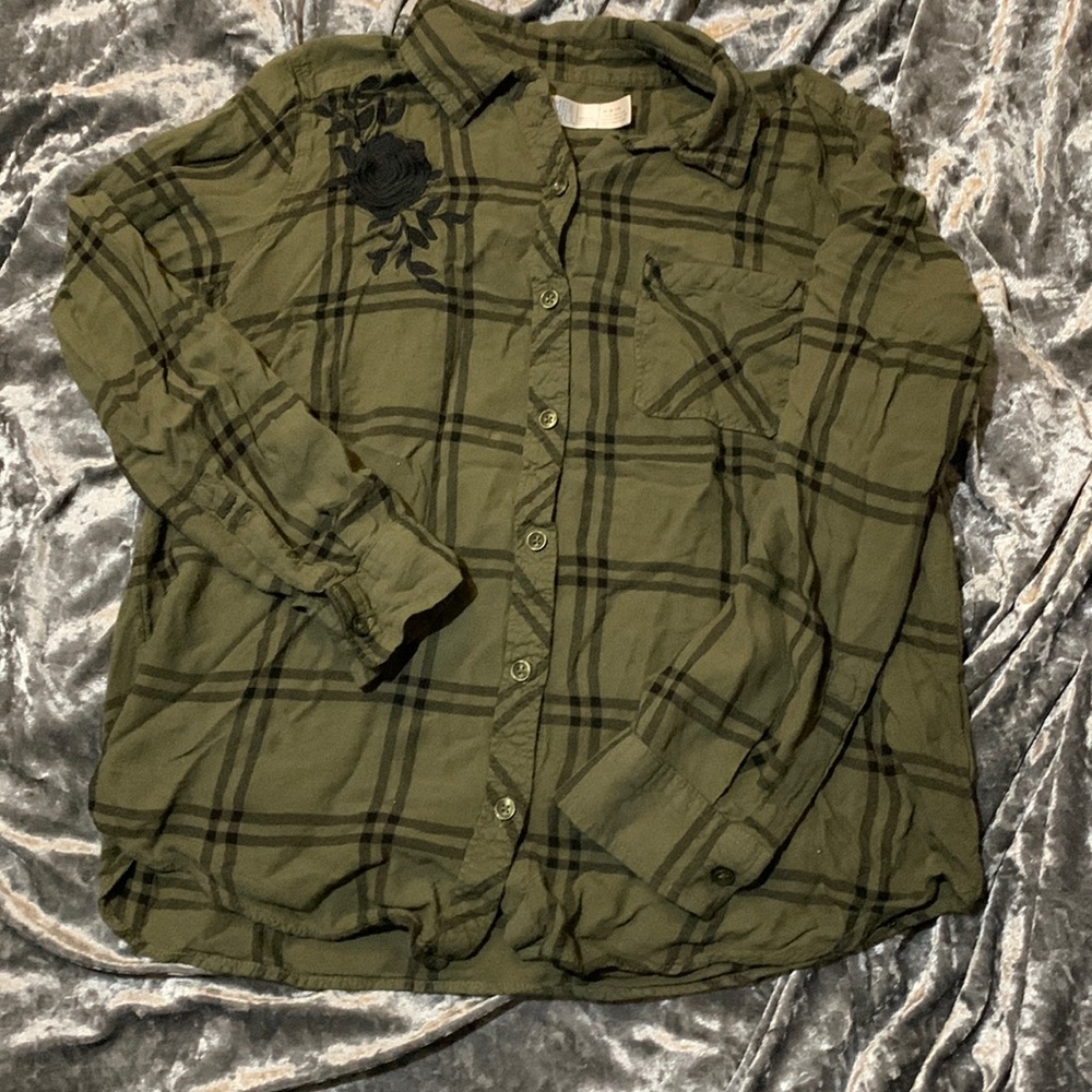 Green and black stripped flannel with rose embroidered on shoulder